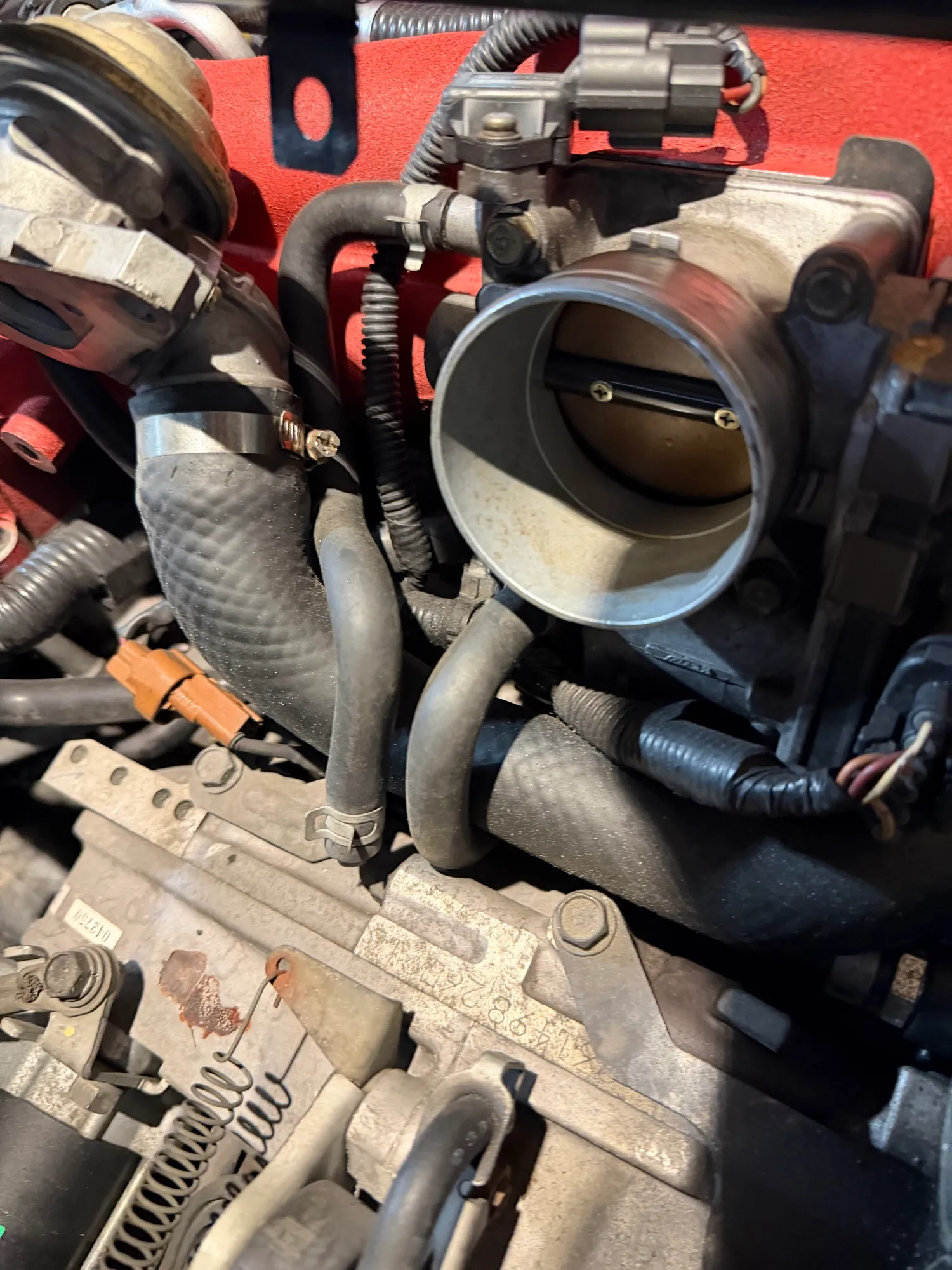 The throttle body seen from the front with the intake piping disconnected, looking straight through the open bore.